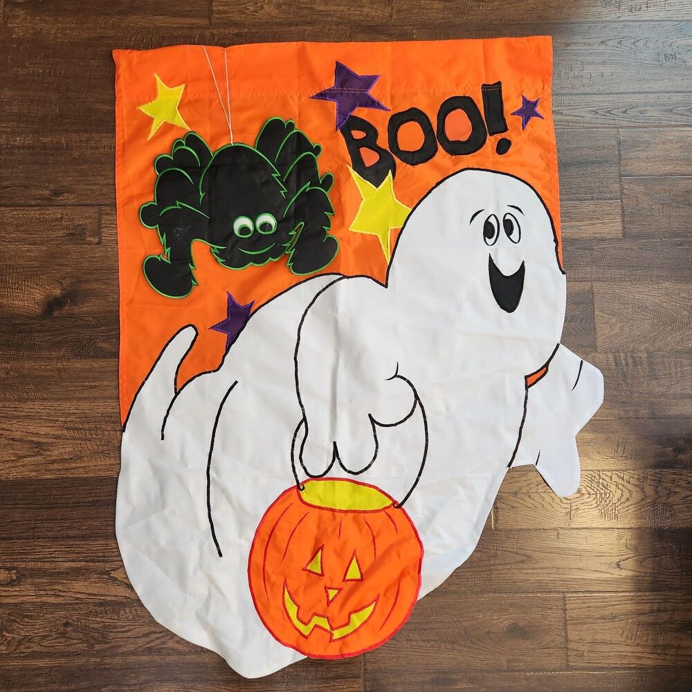 Vintage Evergreen Halloween Ghost & Spider Boo! Deluxe Applique Flag 40"x29"